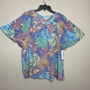 Counterparts Tropical Blouse Top Women's SZ XL Smocked Flutter Sleeve Blue Multi